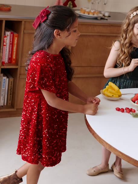 Meisjesjurk in fluweel / velours en pailletten rood - vertbaudet enfant 