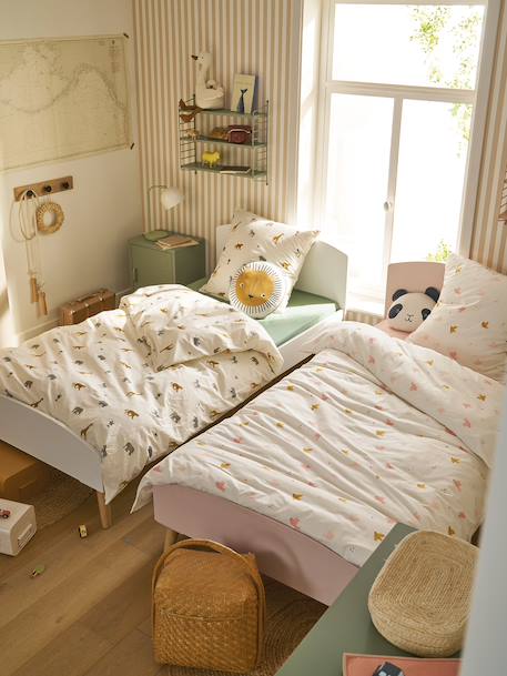 Parure housse de couette et taie d'oreiller enfant WILD ANIMALS blanc imprimé - vertbaudet enfant 