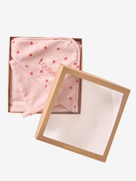 Cape de bain + gant de toilette MON COEUR rose imprimé - vertbaudet enfant 