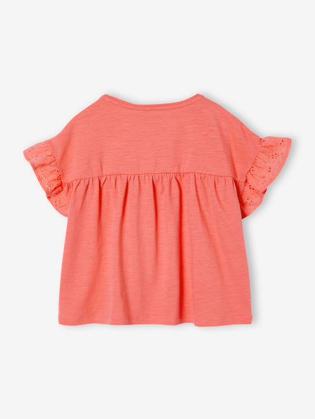 T-shirt fille manches détails brodés corail+écru+kaki - vertbaudet enfant 