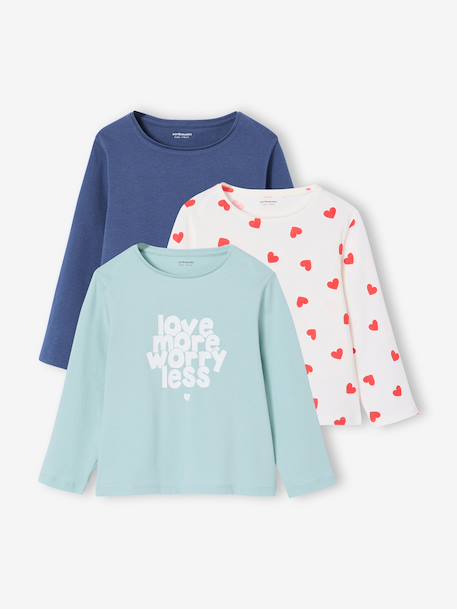 Set van 3 BASICS meisjesshirts met lange mouwen antraciet+ecru+grijsblauw+indigoblauw+koraal+zachtpaars - vertbaudet enfant 