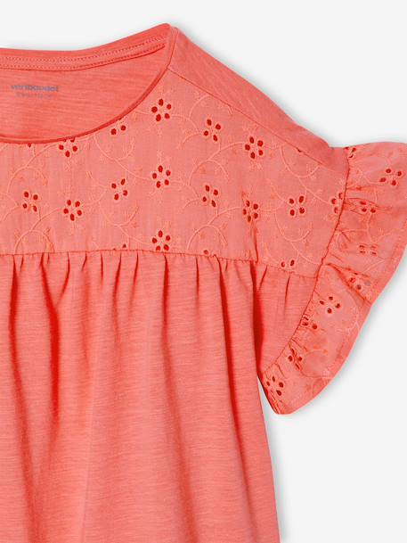 T-shirt fille manches détails brodés corail+écru+kaki - vertbaudet enfant 