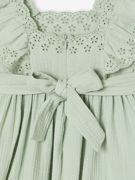 Robe de cérémonie en gaze de coton fille manches en broderie anglaise rose pâle+vert sauge - vertbaudet enfant 