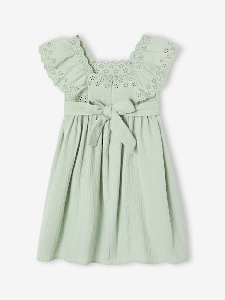Robe de cérémonie en gaze de coton fille manches en broderie anglaise rose pâle+vert sauge - vertbaudet enfant 