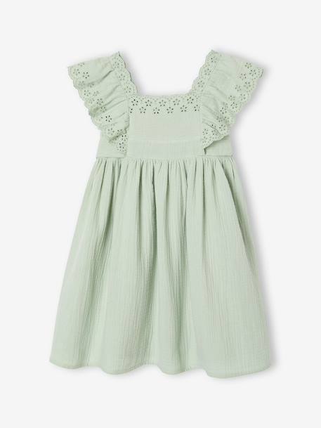 Robe de cérémonie en gaze de coton fille manches en broderie anglaise rose pâle+vert sauge - vertbaudet enfant 