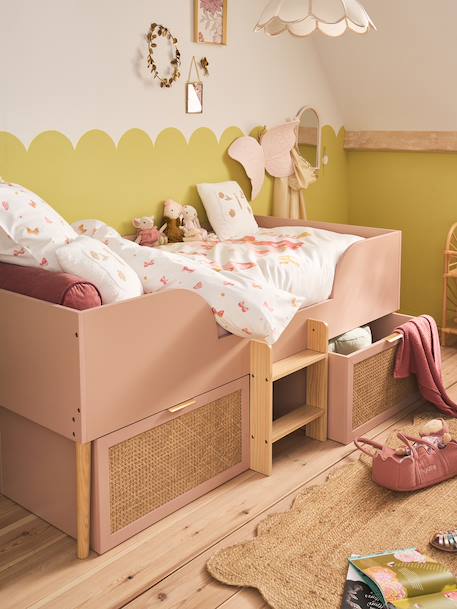 Lit enfant surélevé avec rangements cannage LIGNE POÉSIE rose nude - vertbaudet enfant 