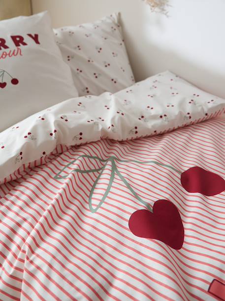 Bedovertrek en kussensloop CERISES RAYURES met gerecycled katoen rood, gestreept - vertbaudet enfant 