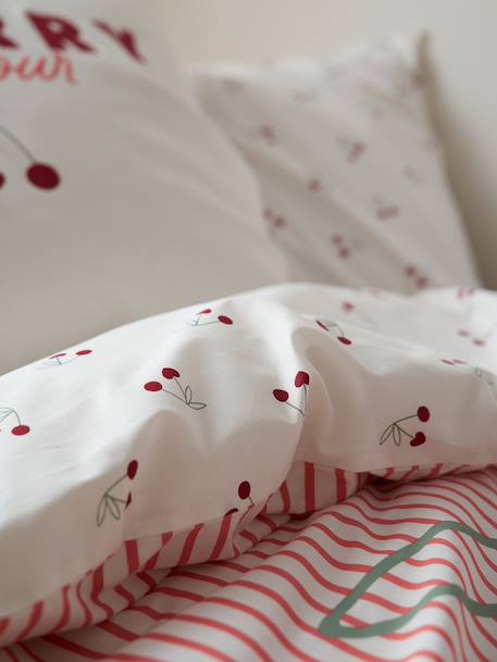 Parure housse de couette et taie d'oreiller CERISES RAYURES avec coton recyclé rayé rouge - vertbaudet enfant 