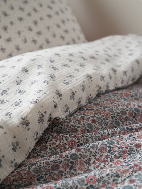 Parure housse de couette et taie d'oreiller en gaze de coton RETRO FLOWERS, avec coton recyclé rose imprimé - vertbaudet enfant 