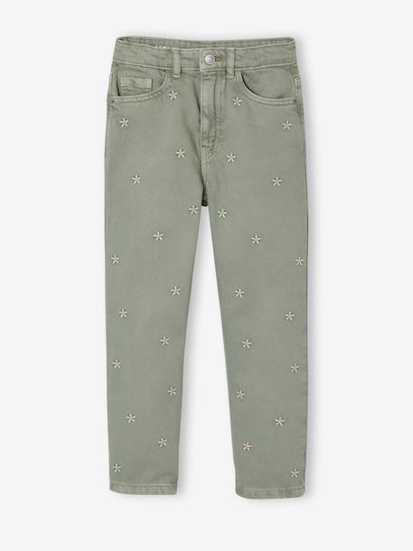 Geborduurde mom fit voor meisjes groengrijs+pruim+roze (poederkleur) - vertbaudet enfant 