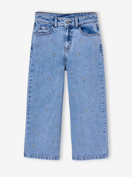 Jean large fille brodé bleu foncé+bleu jean+bleu moyen+denim bleached - vertbaudet enfant 