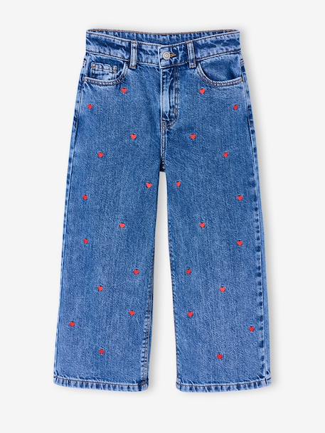 Jean large fille brodé bleu foncé+bleu jean+bleu moyen+denim bleached - vertbaudet enfant 