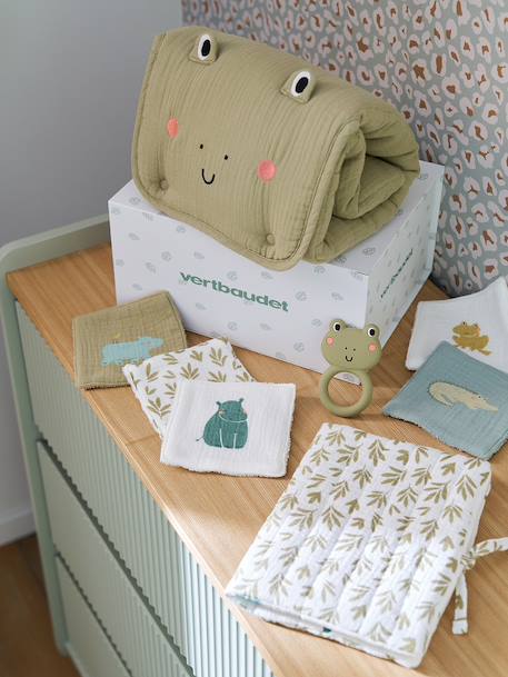 8-delige kraamcadeauset: 1 rammelaar, 1 aankleedkussen, 5 doekjes, 1 etui groen, bedrukt+okergeel+wit, bedrukt - vertbaudet enfant 