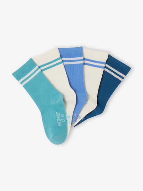 Lot de 5 paires de chaussettes côtelées rayées garçon bleu+bleu ciel+bleu grisé+marine - vertbaudet enfant 