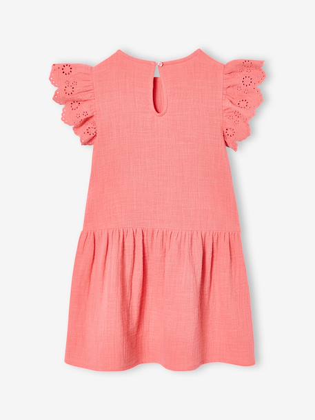 Robe fille gaze de coton manches courtes brodées corail+jaune - vertbaudet enfant 