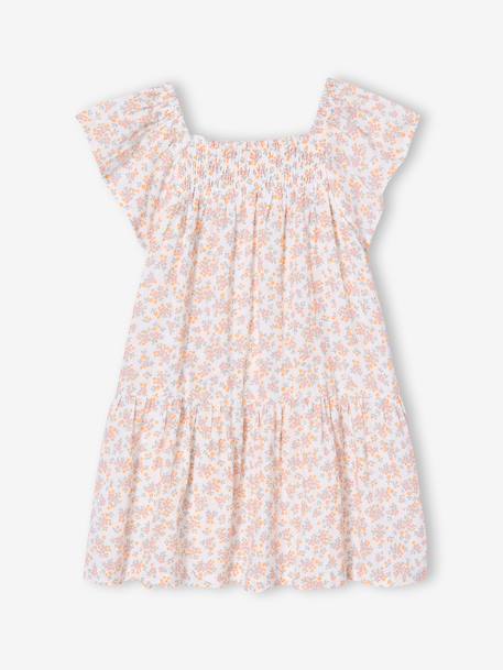 Robe fille à smocks imprimée fleurs rose poudré+vanille - vertbaudet enfant 