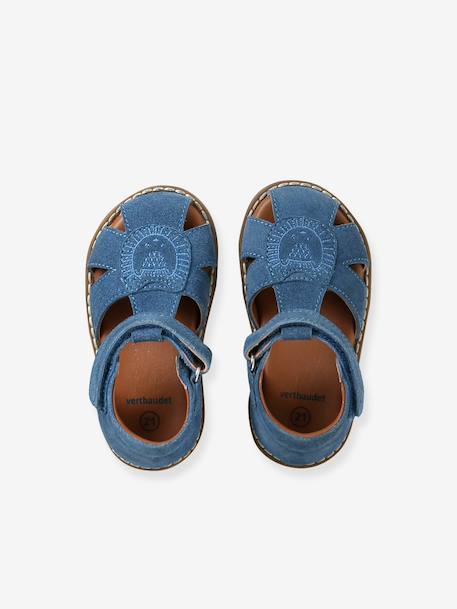 Sandales bébé fermées cuir à scratchs bleu jean+sable - vertbaudet enfant 