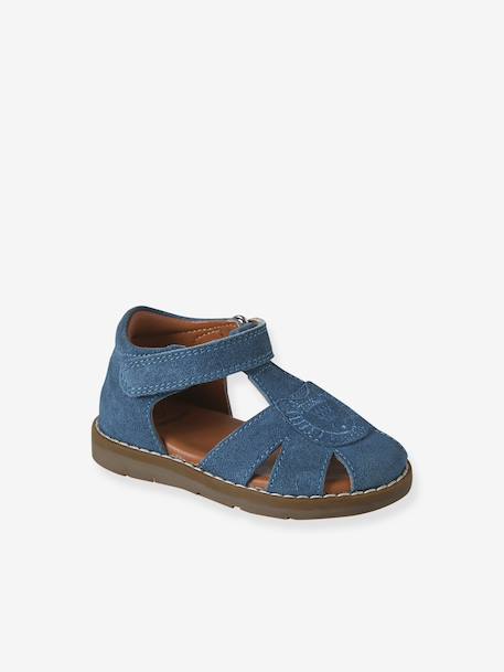 Sandales bébé fermées cuir à scratchs bleu jean+sable - vertbaudet enfant 