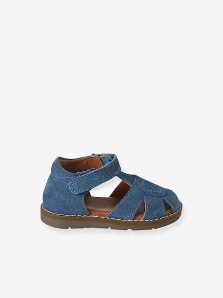 Sandales bébé fermées cuir à scratchs bleu jean+sable - vertbaudet enfant 