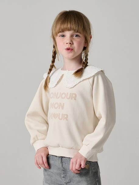 Sweat fille col brodé message flock velours écru+gris chiné+mauve+rose pâle+rouge - vertbaudet enfant 
