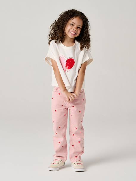 Geborduurde mom fit voor meisjes groengrijs+pruim+roze (poederkleur) - vertbaudet enfant 