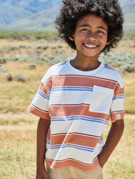 Gestreept t-shirt voor jongens oranje, bedrukt - vertbaudet enfant 