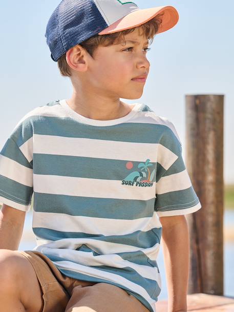 Tee-shirt garçon larges rayures motif poitrine orange+rayé vert - vertbaudet enfant 