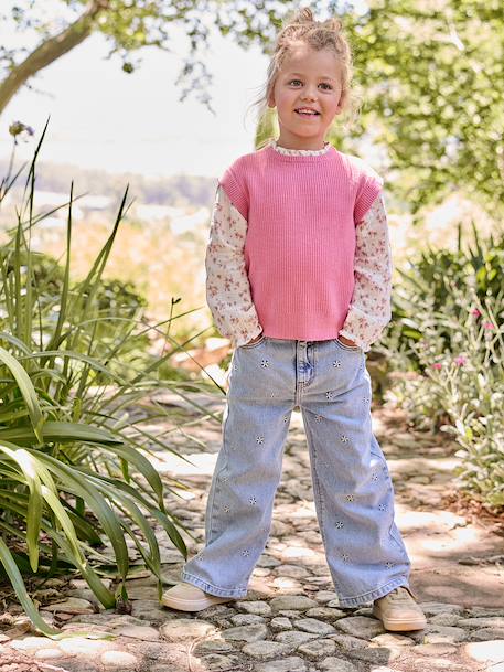 Pull 2 en 1 fille manches bleu grisé+rose - vertbaudet enfant 