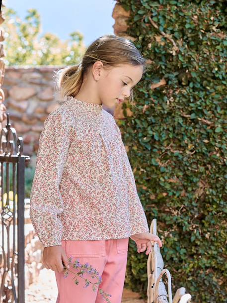 Blouse voor meisjes met gesmokte mouwen ecru+ivoor+lichtroze+saliegroen+vanille - vertbaudet enfant 