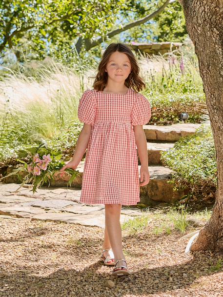 Jurk meisjes Vichy knopen rug koraal - vertbaudet enfant 