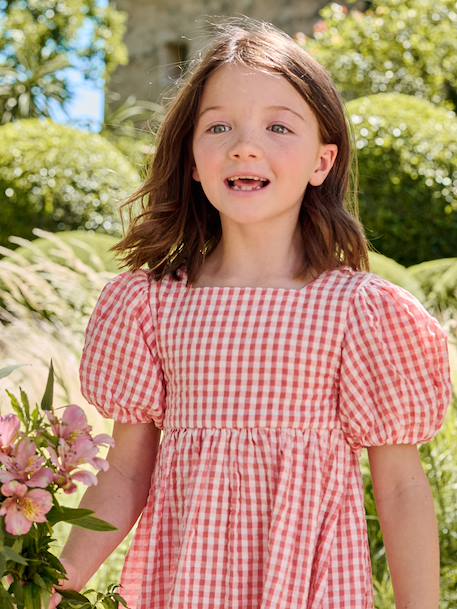 Robe fille Vichy noeuds dos corail - vertbaudet enfant 