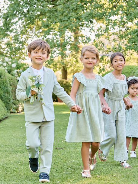 Robe de cérémonie en gaze de coton fille manches en broderie anglaise rose pâle+vert sauge - vertbaudet enfant 