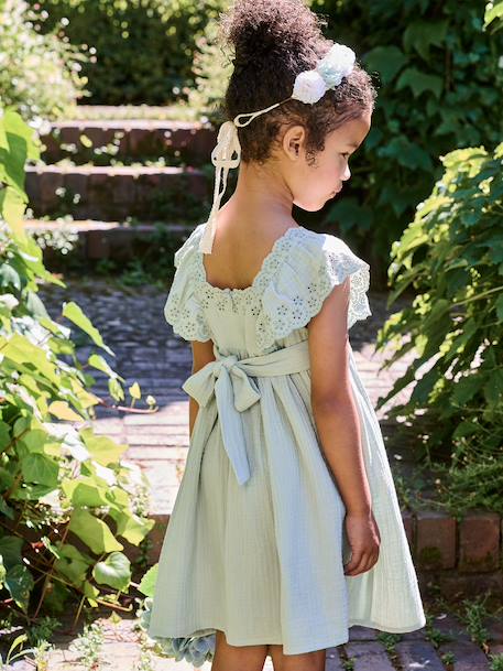 Robe de cérémonie en gaze de coton fille manches en broderie anglaise rose pâle+vert sauge - vertbaudet enfant 