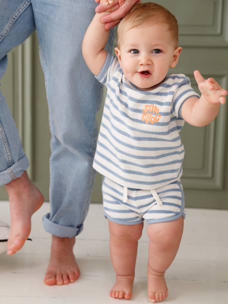 Badstoffen babyset met T-shirt en short blauw, gestreept+taupe - vertbaudet enfant 
