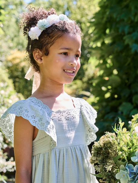 Robe de cérémonie en gaze de coton fille manches en broderie anglaise rose pâle+vert sauge - vertbaudet enfant 
