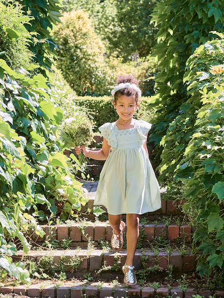 Robe de cérémonie en gaze de coton fille manches en broderie anglaise rose pâle+vert sauge - vertbaudet enfant 