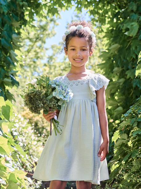 Robe de cérémonie en gaze de coton fille manches en broderie anglaise rose pâle+vert sauge - vertbaudet enfant 