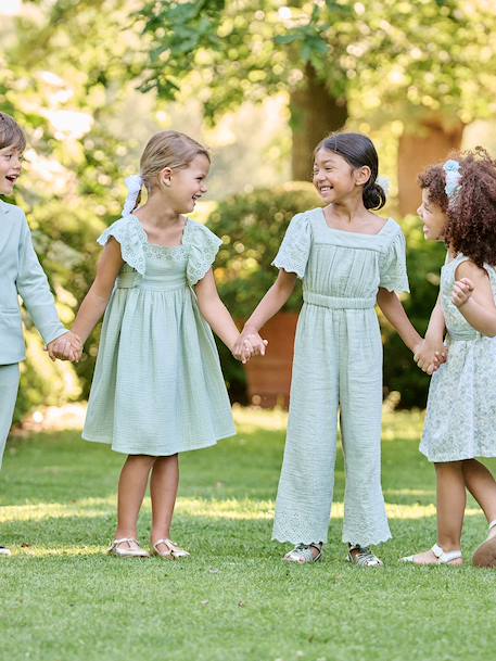Combinaison fille en gaze de coton avec broderie blush+vert sauge - vertbaudet enfant 