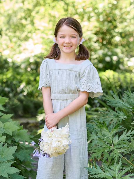 Combinaison fille en gaze de coton avec broderie blush+vert sauge - vertbaudet enfant 