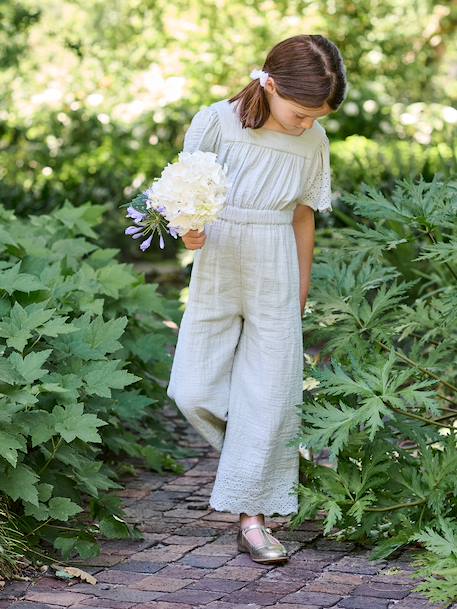 Combinaison fille en gaze de coton avec broderie blush+vert sauge - vertbaudet enfant 