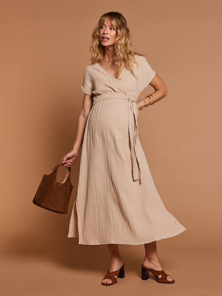 Robe longue grossesse effet cache-coeur en gaze de coton argile+beige+marine+terracotta - vertbaudet enfant 