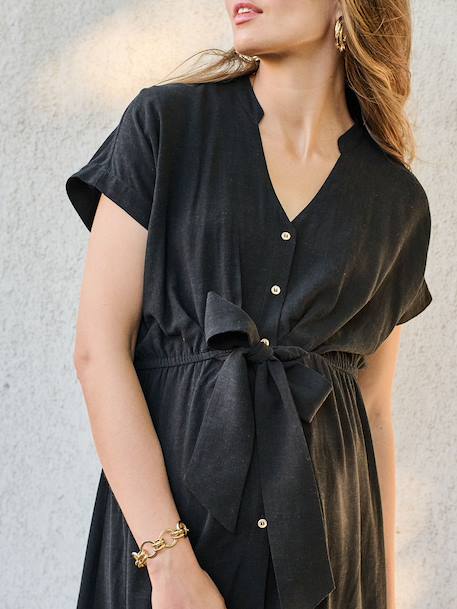 Robe chemise longue en lin mélangé grossesse et allaitement beige+kaki+noir - vertbaudet enfant 