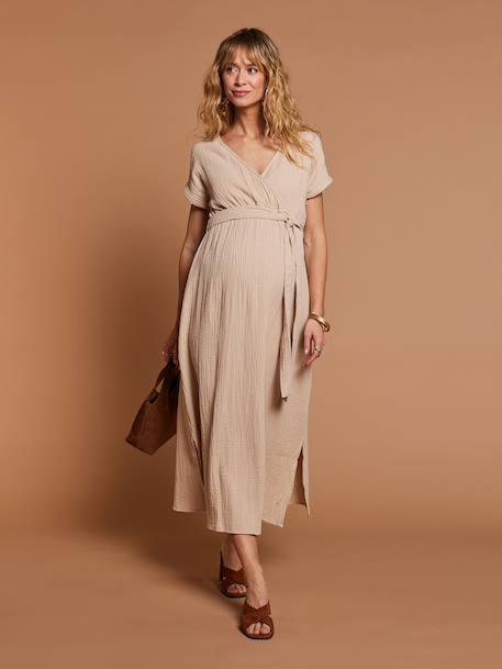 Robe longue grossesse effet cache-coeur en gaze de coton argile+beige+marine+terracotta - vertbaudet enfant 