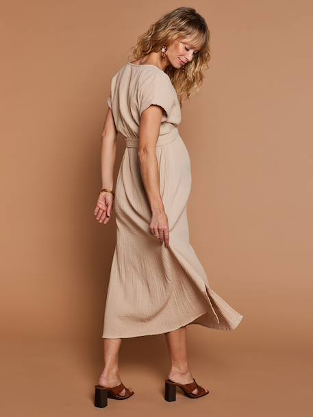 Robe longue grossesse effet cache-coeur en gaze de coton argile+beige+marine+terracotta - vertbaudet enfant 