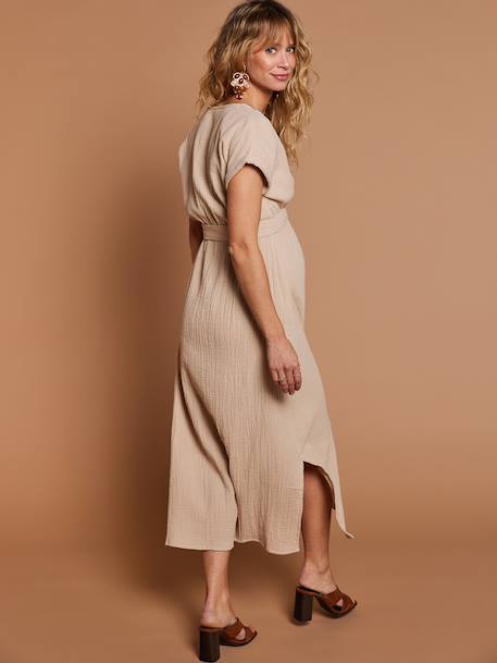 Robe longue grossesse effet cache-coeur en gaze de coton argile+beige+marine+terracotta - vertbaudet enfant 