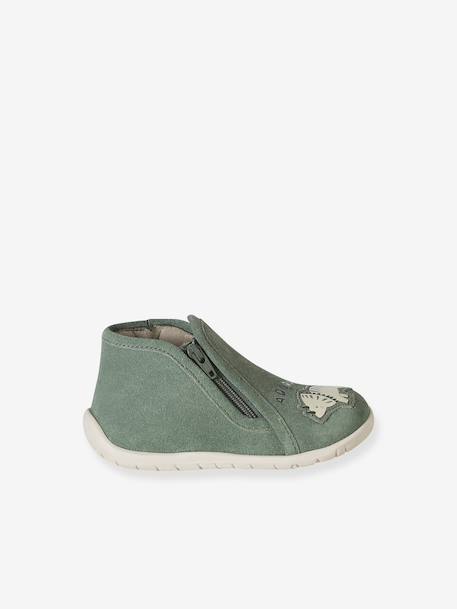 Chaussons bébé cuir souple zip marron+vert sauge - vertbaudet enfant 