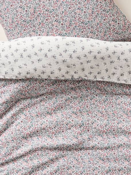 Parure housse de couette et taie d'oreiller en gaze de coton RETRO FLOWERS, avec coton recyclé rose imprimé - vertbaudet enfant 