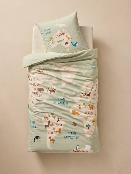 Parure housse de couette et taie d'oreiller TOUR DU MONDE ANIMAUX avec coton recyclé vert sauge - vertbaudet enfant 
