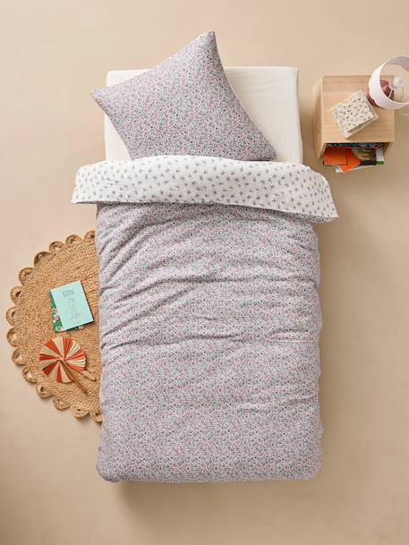 Parure housse de couette et taie d'oreiller en gaze de coton RETRO FLOWERS, avec coton recyclé rose imprimé - vertbaudet enfant 