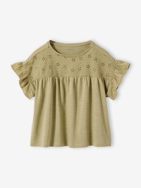 T-shirt fille manches détails brodés corail+écru+kaki - vertbaudet enfant 